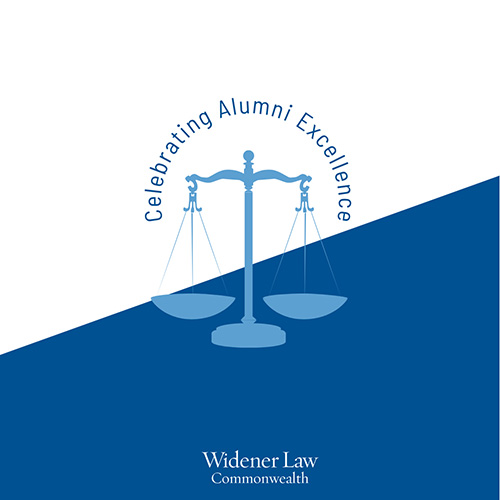 Image saying Celebrating Alumni Excellence with the scales of justice imagery.