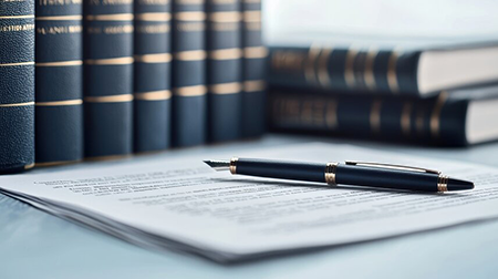 Image of pen laying across the paper on a desk and legal textbooks in the background. 