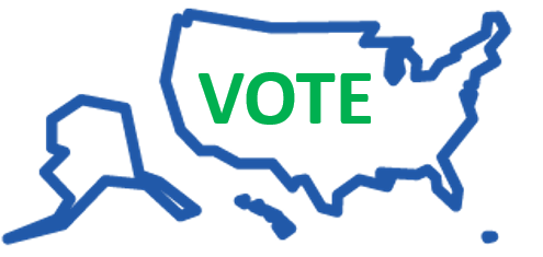 Outline of the United States with the words VOTE in the center