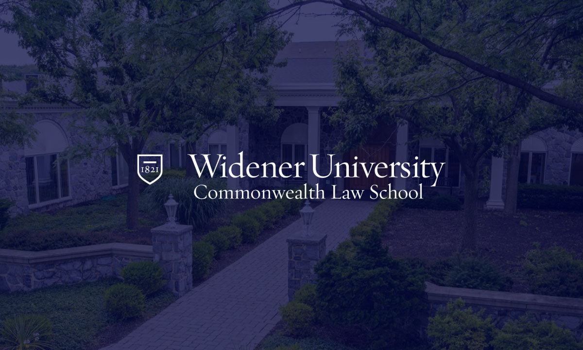 Widener University Commonwealth Law School logo overlaid on a background image of the law school's campus, featuring the main entrance and surrounding greenery.