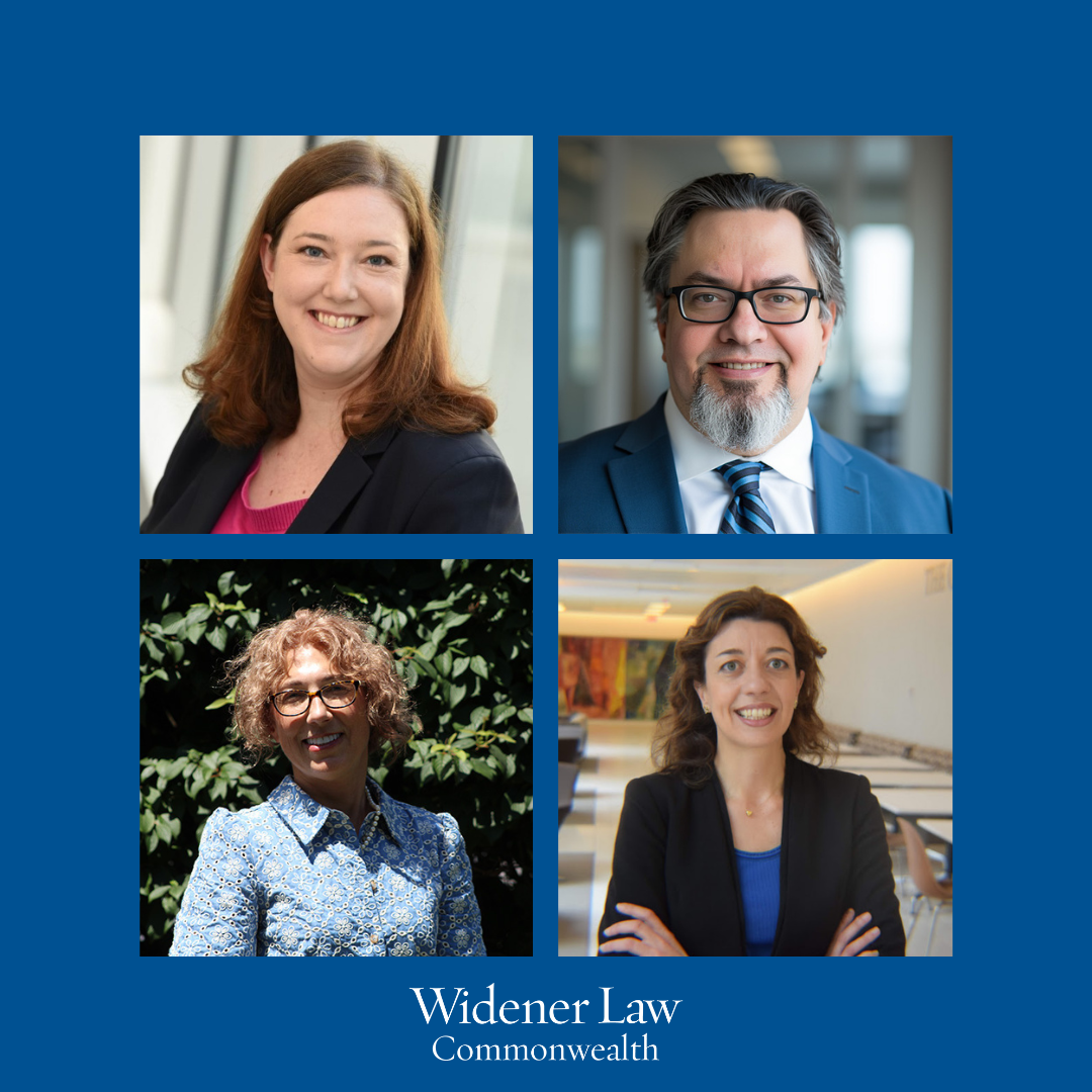 Image of new faculty for Widener Law Commonwealth; top left corner Rebecca Feldmann, top right corner Michael Rusco, bottom left corner D.S. Pensley, bottom right corner Chiara Pappalardo.