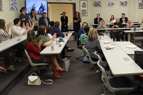 Dean cummings addresses the attendees in the new location for the Central PA Law Clinic