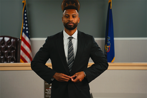 W. Keith Williams III buttoning his suit jacket standing before his father's bench. 