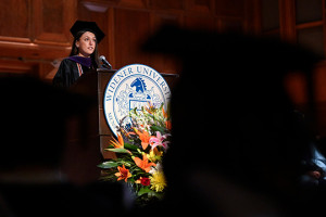 Image of SBA President Abbigale Agosti delivering remarks at the forum during commencement. 