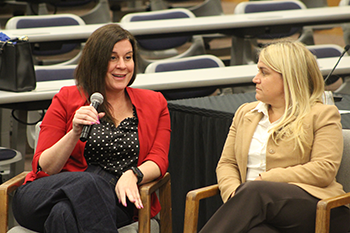 Image of Angela McGowana and Tara Schellhorn speaking on the panel. 