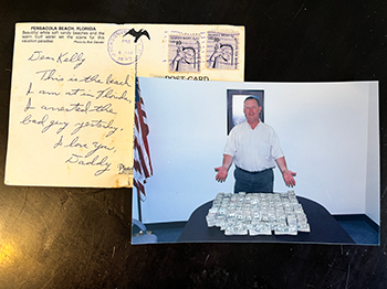 A photo of a postcard and Kelly Monaghan's dad with money seized during an undercover operation