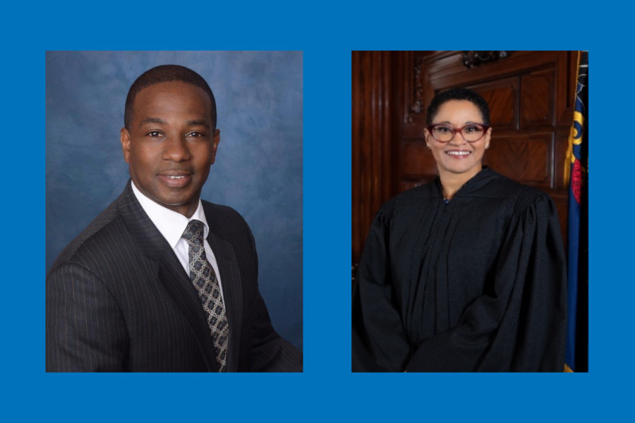 Headshots of Judge Morris and Judge Nichols on blue background