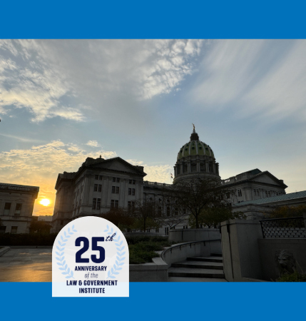 PA Capitol building at dusk with sun settings and the logo of the 25th anniversary of the law & government institute all on a Widener blue background.