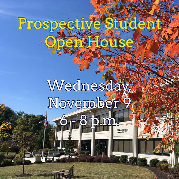 Image of Widener Law Commonwealth Law Library building with the words Prospective Student Open House on Wednesday November 9 from 6 to 8 pm