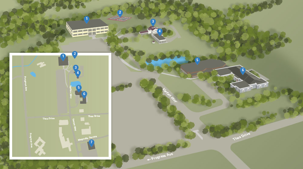 Illustrated aerial campus map of Widener University Commonwealth Law School showing seven numbered buildings and landmarks, including the main law school building, student housing, and surrounding facilities along Vartan Way, Thea Drive, and Progress Avenue in Harrisburg, Pennsylvania. A street-level inset map in the lower left provides additional location context.
