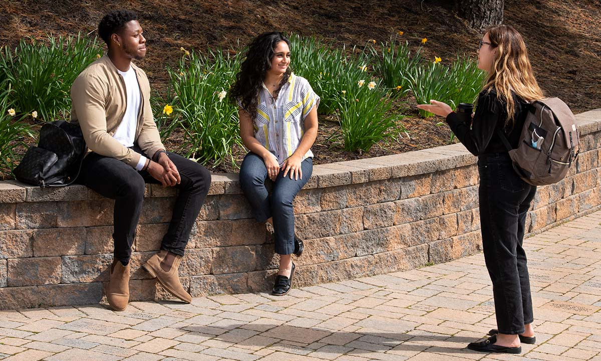 Three students chat on a sunny spring day along a campus pathway, two seated on a low stone wall with daffodils blooming behind them and a third standing with a backpack and coffee cup.