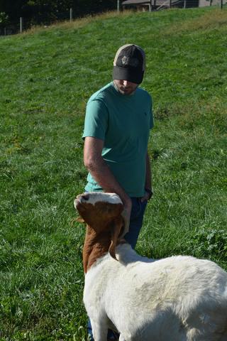 Landon in a green shirt and hat petting a goat. 