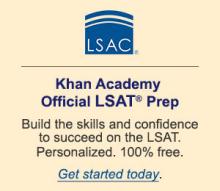 LSAC Khan Academy Official LSAT Prep promotional badge — "Build the skills and confidence to succeed on the LSAT. Personalized. 100% free."